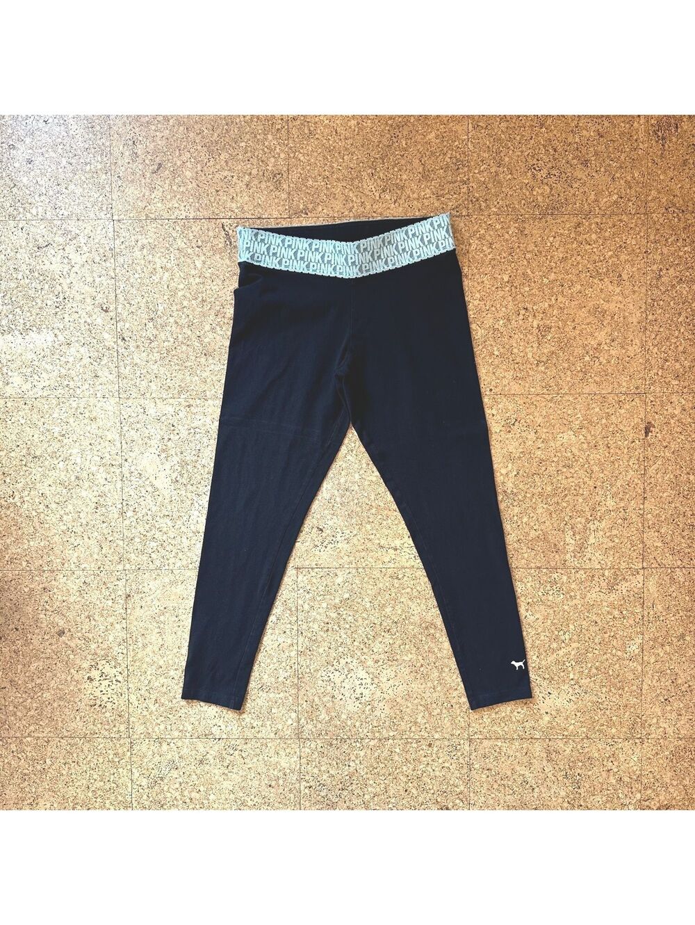 PINK Victoria's Secret Black Ankle Leggings Size M Blue Lace Waistband Dog Logo
